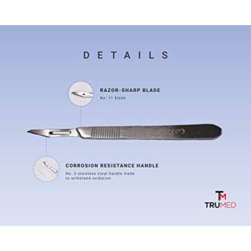 TruMed 15pc #11 Scalpel Blades w/ #3 Metal Handle, Sterile and Disposable, Surgical/Dermaplaning Too...