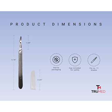 TruMed 15pc #11 Scalpel Blades w/ #3 Metal Handle, Sterile and Disposable, Surgical/Dermaplaning Tool, Biology Lab Anatomy, Carving, Medical Dissection Kit, Plantar Mole Wart Remover