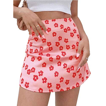 LYANER Women's Casual Floral Print Satin Silk High Waist Zipper Mini Short Skirt Pink Small