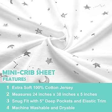 American Baby Company 3 Pack Fitted Mini Crib Sheet 24" x 38", Soft Breathable Neutral 100% Cotton Jersey Portable Sheet, Gray Star/Zigzag, for Boys and Girls, Fits Most Pack N Play Mattresses