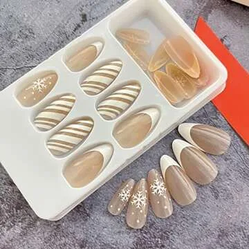 Christmas Almond Snowflake Design False Nails for Women