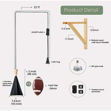 VALIKIY Hanging Grow Light, 20W Full Spectrum Pendant Grow Lights 15FT Power Cord, Decorative Grow Light for Indoor Plants, Flowers, Garden (Ceiling Mounted Hooks&Wall Mounted Bracket Included)