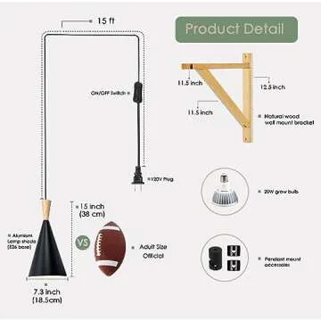 VALIKIY Hanging Grow Light, 20W Full Spectrum Pendant Grow Lights 15FT Power Cord, Decorative Grow Light for Indoor Plants, Flowers, Garden (Ceiling Mounted Hooks&Wall Mounted Bracket Included)