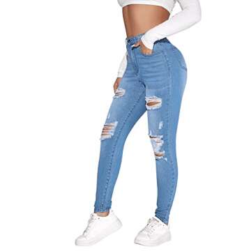 SweatyRocks Women's Casual High Rise Ripped Jeans Zipper Fly Skinny Denim Pants Light Wash XL