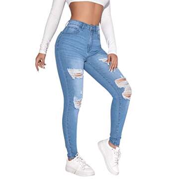 SweatyRocks Women's Casual High Rise Ripped Jeans Zipper Fly Skinny Denim Pants Light Wash XL