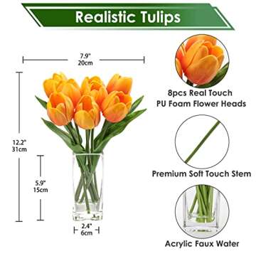 Briful Fake Flowers Artificial Tulip Flower Orange in Clear Vase, Real Touch Foam Tulip Arrangement ...