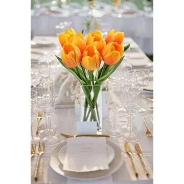 Briful Fake Flowers Artificial Tulip Flower Orange in Clear Vase, Real Touch Foam Tulip Arrangement Suitable for Home Office Decoration, Dining Table Centerpiece