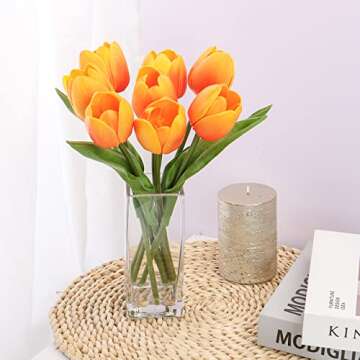 Briful Fake Flowers Artificial Tulip Flower Orange in Clear Vase, Real Touch Foam Tulip Arrangement Suitable for Home Office Decoration, Dining Table Centerpiece
