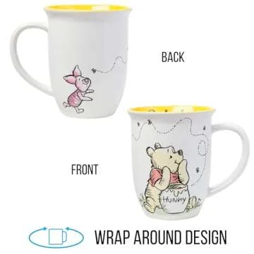 Silver Buffalo Disney Winnie the Pooh But First Hunny Wide Rim Bees Flying Ceramic Mug, 16 Ounces