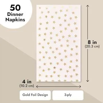 50 Pack Gold Star Party Napkins - Disposable White and Gold Dinner Napkins for Birthday, Graduation (3-Ply, 4x8 In)