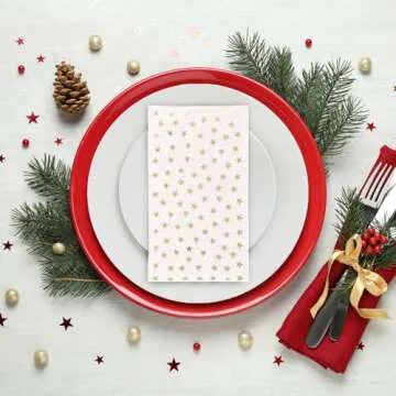 50 Pack Gold Star Party Napkins - Disposable White and Gold Dinner Napkins for Birthday, Graduation (3-Ply, 4x8 In)