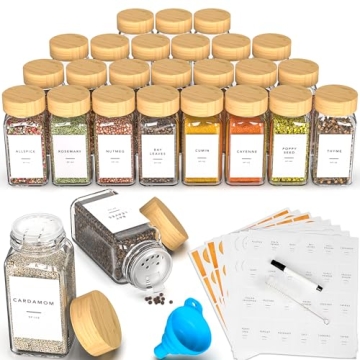 24 Glass Spice Jars with Label, Spice Jar Set with Bamboo Lids 4oz Seasoning Containers Organizers &...