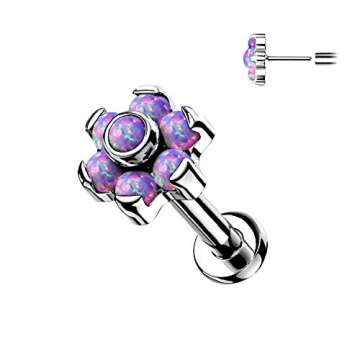 Pierced Owl - 16GA G23 Implant Grade Titanium Threadless Push-in Synthetic Opal Flower Top Labret Monroe Lip Cartilage Helix Tragus Conch Ear Lobe Barbell Stud (Purple)