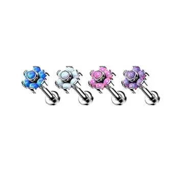 Pierced Owl - 16GA G23 Implant Grade Titanium Threadless Push-in Synthetic Opal Flower Top Labret Monroe Lip Cartilage Helix Tragus Conch Ear Lobe Barbell Stud (Purple)