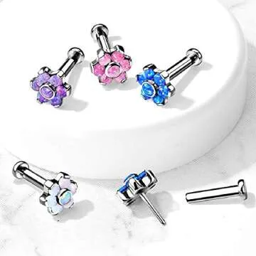Pierced Owl - 16GA G23 Implant Grade Titanium Threadless Push-in Synthetic Opal Flower Top Labret Monroe Lip Cartilage Helix Tragus Conch Ear Lobe Barbell Stud (Purple)
