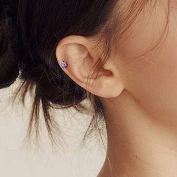 Pierced Owl - 16GA G23 Implant Grade Titanium Threadless Push-in Synthetic Opal Flower Top Labret Monroe Lip Cartilage Helix Tragus Conch Ear Lobe Barbell Stud (Purple)