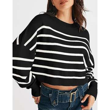 MEROKEETY Women Winter Batwing Sleeve Rib Knitted Loose Basic Pullover Cropped Sweaters, Black, Medium