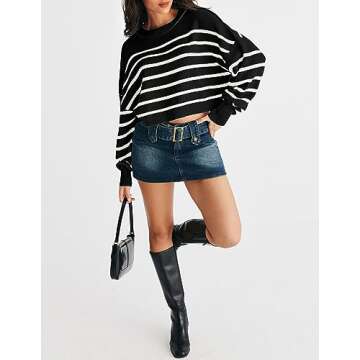 MEROKEETY Women Winter Batwing Sleeve Rib Knitted Loose Basic Pullover Cropped Sweaters, Black, Medium