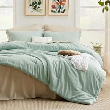 Bedsure Queen Comforter Set - 7 Pieces Sage Green Queen Bedding Set for All Seasons, Boho Contrastin...