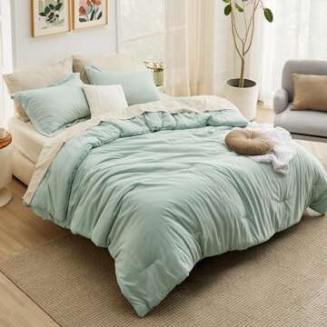 Bedsure Queen Comforter Set - 7 Pieces Sage Green Queen Bedding Set for All Seasons, Boho Contrasting Design Bed in a Bag with Comforter, Sheets, Pillowcases & Shams