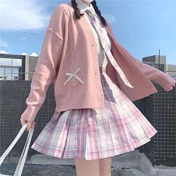 Women Kawaii Sweater Cardigan with Cute Bowknot and Heart Pink Medium