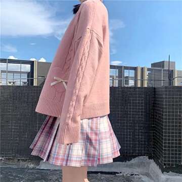 Women Kawaii Sweater Cardigan with Cute Bowknot and Heart Pink Medium