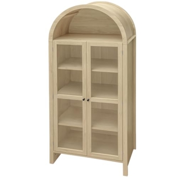 Tall Arched Storage Cabinet, Modern Farmhouse Arch Display Cabinet with Glass Doors and Adjustable S...