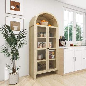 Stylish Tall Arched Storage Cabinet with Glass Doors