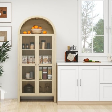 Stylish Tall Arched Storage Cabinet with Glass Doors