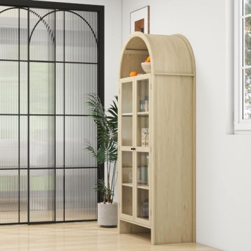 Stylish Tall Arched Storage Cabinet with Glass Doors