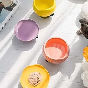 PIPIPET Raised Cat Bowls, Ceramic Cat Bowls, Handmade Flower Ceramic Raised Cat Dish, Elevated Cat Food Bowls for Protecting Spine & Whisker Fatigue Basic Bowls-Purple