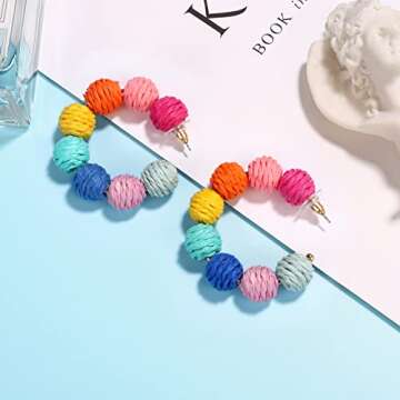 Hoop Earrings for Women Colorful Bohemian Rattan Earrings Handmade Rainbow Ball Earrings Raffia Circ...