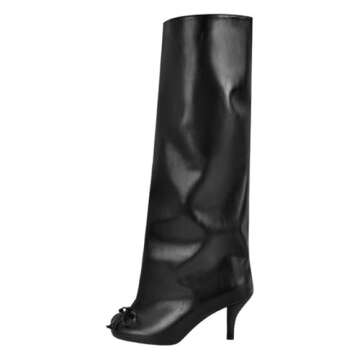 Richealnana Women's Square Toe Bow Kitten Heel Knee High Boots Wide Calf Slouch Pull On Long Boots M...