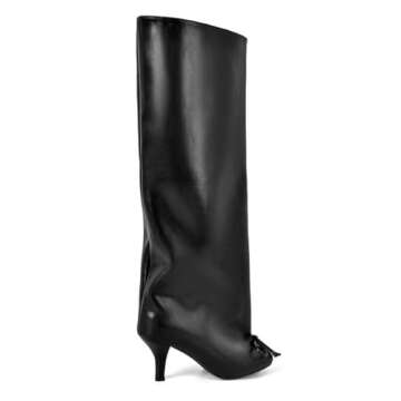 Richealnana Women's Square Toe Bow Kitten Heel Knee High Boots Wide Calf Slouch Pull On Long Boots Mid Heel Winter Fall Womens Boots Dressy Trendy Casual Tall Boots Black US 13