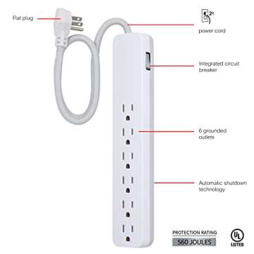GE UltraPro 6-Outlet Surge Protector, 2 Ft Designer Braided Extension Cord, 560 Joules, Flat Plug, Wall Mount, UL Listed, White, 45264