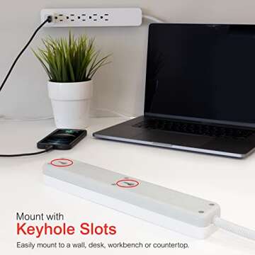 GE UltraPro 6-Outlet Surge Protector, 2 Ft Designer Braided Extension Cord, 560 Joules, Flat Plug, Wall Mount, UL Listed, White, 45264