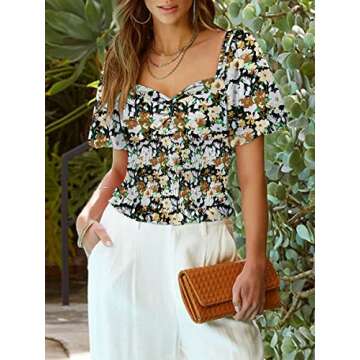 DOROSE Women's Sexy Floral Crop Tops Balloon Sleeve Smocked Top Sweetheart Neck Twist Knot Blouses Black M