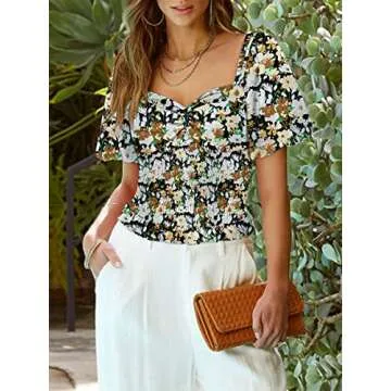 DOROSE Women's Sexy Floral Crop Tops Balloon Sleeve Smocked Top Sweetheart Neck Twist Knot Blouses Black M