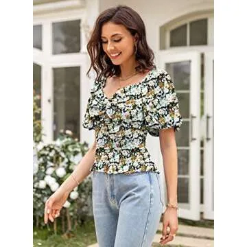 DOROSE Women's Sexy Floral Crop Tops Balloon Sleeve Smocked Top Sweetheart Neck Twist Knot Blouses Black M