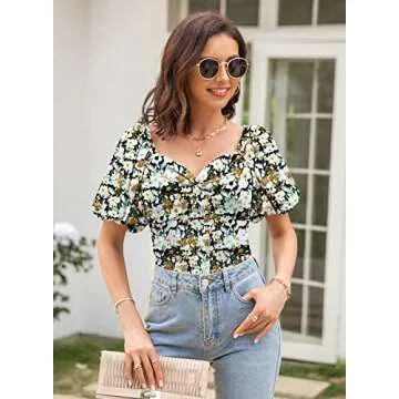 DOROSE Women's Sexy Floral Crop Tops Balloon Sleeve Smocked Top Sweetheart Neck Twist Knot Blouses Black M