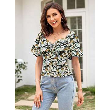DOROSE Women's Sexy Floral Crop Tops Balloon Sleeve Smocked Top Sweetheart Neck Twist Knot Blouses Black M