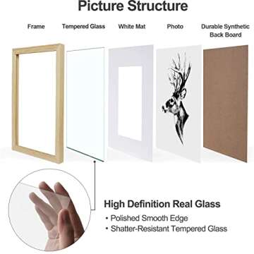 Yaetm 8x10 Picture Frame Matted to 5x7 Set of 4, Solid Oak Wood 8x10 Frames with Tempered Glass, 8 by 10 Wooden Picture Frames Display on Tabletop or Wall Mounting (4 Pack, Oak)