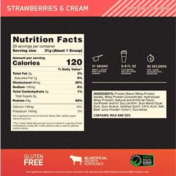 Optimum Nutrition Gold Standard 100% Whey Protein Powder, Strawberries & Cream, 2 Pound(Packaging May Vary)