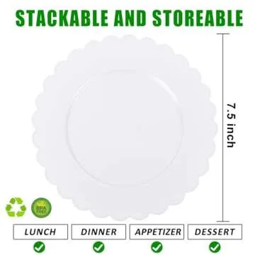 SUT 72Pcs 7.5" White Plastic Plates, Heavy Duty Disposable Plates for Weddings, Parties, Events, Fan...