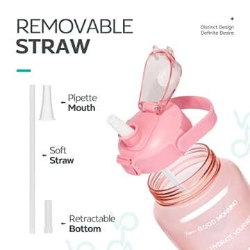 Venture Pal Half Gallon Large Motivational Sports Water Bottle with Time Marker & Straw, Leakproof BPA Free Reusable Fitness Water Jug for Gym,Work and Outdoor Sports-Light Pink