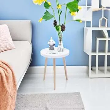 Apicizon Round Side Table, White Tray Nightstand Coffee End Table for Living Room, Bedroom, Small Spaces, Easy Assembly Bedside Table, 15 x 18 Inches