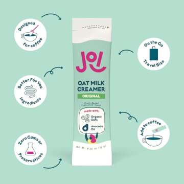 Oat Milk Coffee Creamer, Sweetened 10ct Carton by JOI - Superfood, Vegan, Dairy Free, Plant Based, Kosher, Shelf-Stable, Barista, Fortified with Calcium. Use in Coffee or Protein Shakes. Single Serve.