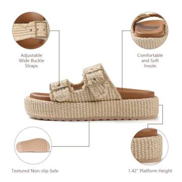 mikarka Raffia Platform Sandals for Women 2025: Resort Womens Sandals Comfortable - Summer Beach Sandals Buckle Straps Espadrilles Flatform Slides Mules Apricot Size 7.5