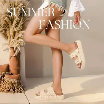 mikarka Raffia Platform Sandals for Women 2025: Resort Womens Sandals Comfortable - Summer Beach Sandals Buckle Straps Espadrilles Flatform Slides Mules Apricot Size 7.5