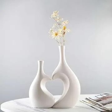 White Ceramic Vase Set of 2,Heart Shaped vase, Matte Frosted Texture Finish,Farmhouse Decor, Home Decor, Vases for Your Bedroom, Office, Living Room, Bathroom (White)